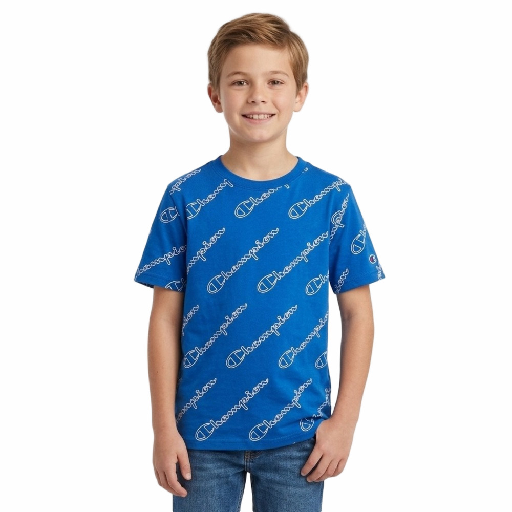 Champion Blue All-Over White Logo Pattern Short Sleeve Tee T-shirt Top Boy M 10